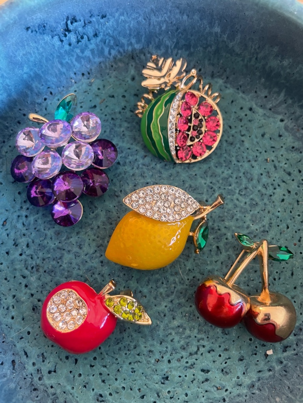 Colorful Fruit Brooch Pin Set - Cherry, Lemon, Apple, Grapes, Pineapple